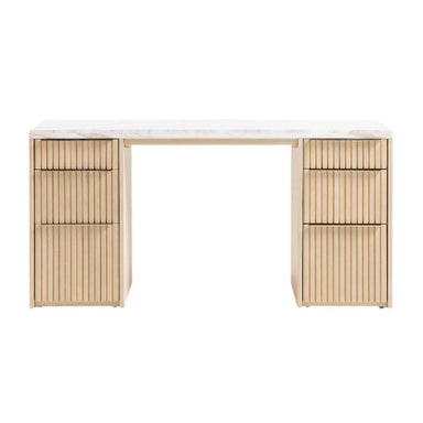 Centered front view of Crate & Barrel Batten 62" White Oak Wood Console Desk with White Marble Top with six fluted drawer fronts