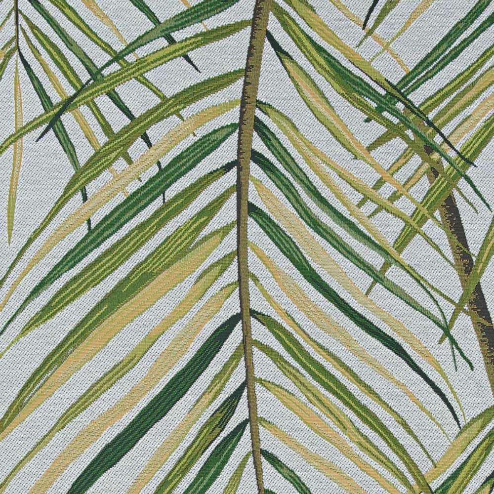 Central section of Couristan Dolce Indoor/Outdoor Rug - Bamboo Forest/Frost shows overlapping palm fronds in shades of green and yellow