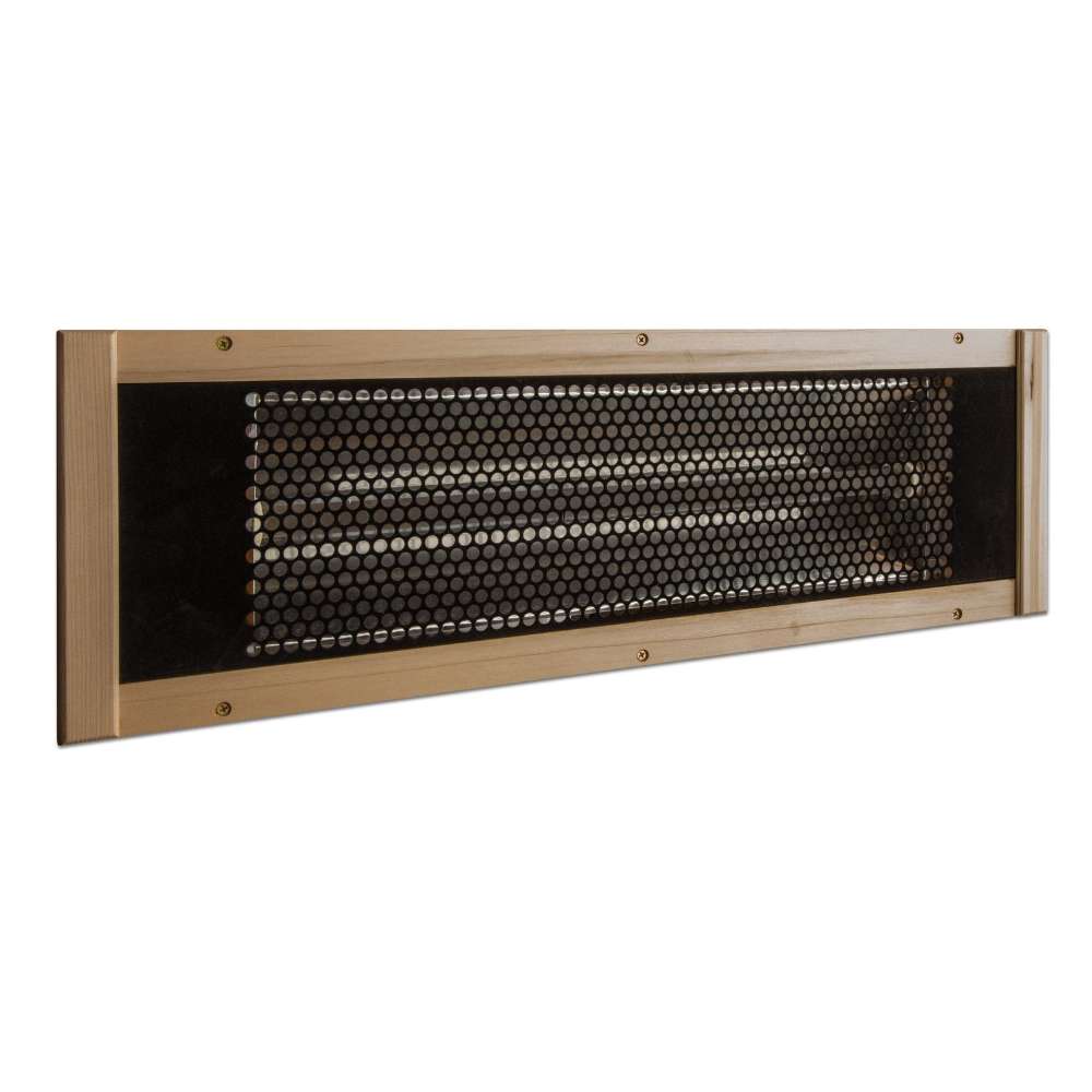 Ceramic heater with a perforated metal guard in a wood frame used in Golden Designs Maxxus Alpine Dual Tech 3 Person Low EMF Far Infrared Sauna