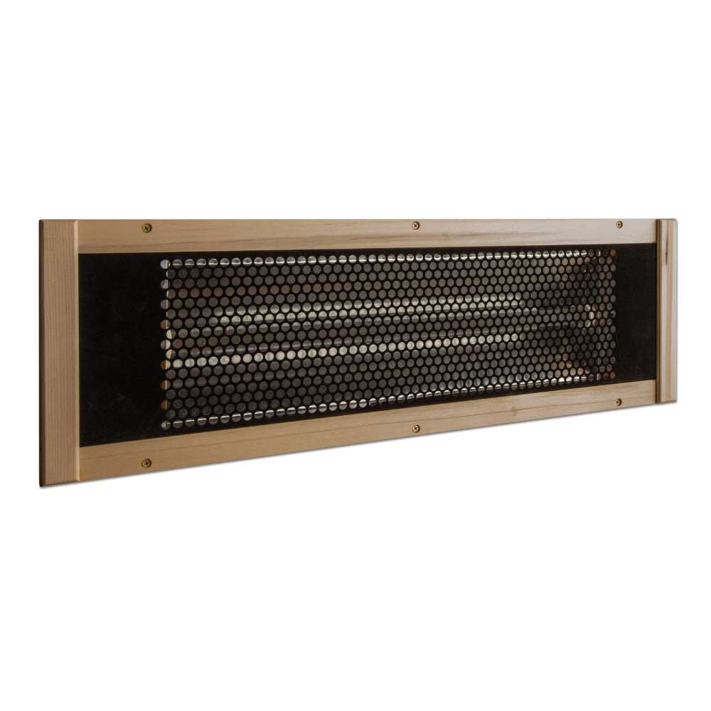 Ceramic heater with a perforated metal guard in a wood frame used in Golden Designs Maxxus Aspen Dual Tech 2 Person Low EMF Far Infrared Sauna