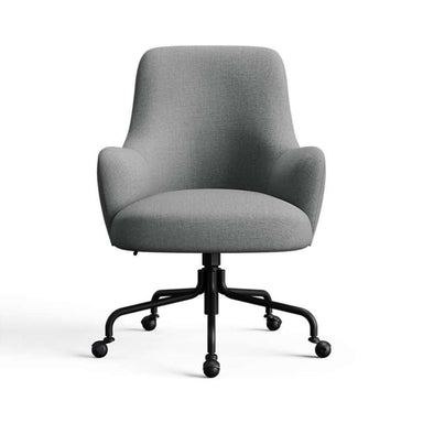 Charcoal Linen Linen Weave Crate & Barrel Bellevue Upholstered Office Chair in charcoal gray fabric with a cushioned seat curved arms and caster base