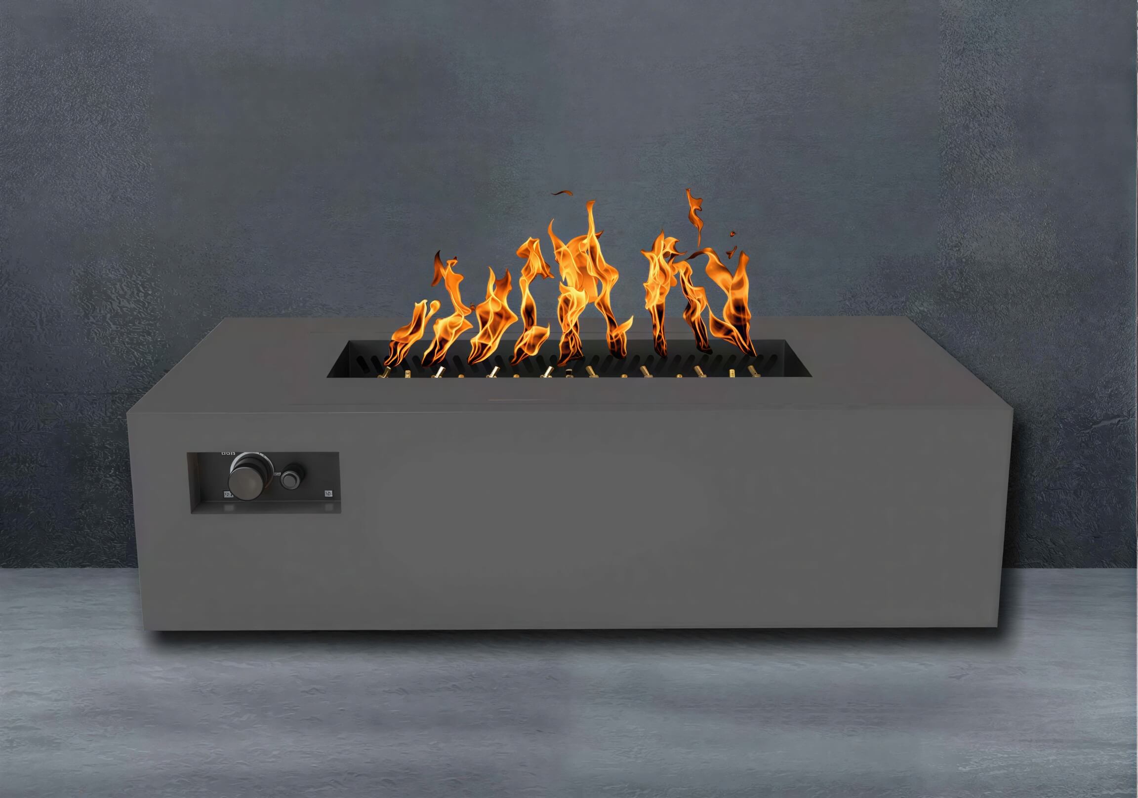 Charcoal Warming Trends AON Steel Rectangular Fire Pit Table with bright flames rising from the center adds a sleek look to a patio scene