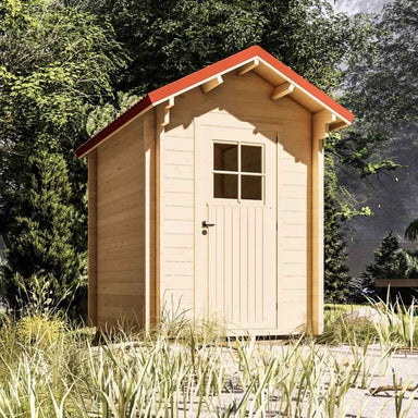 Charming backyard structure with a red roof and wooden door stands alone in a forest clearing, known as the Sawmill Structures The Wee Wee House 33 Garden Room