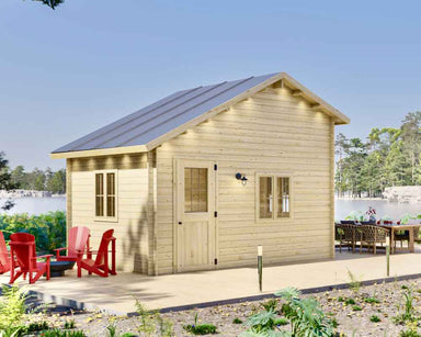 Charming wood cabin with a gable roof and small windows sits lakeside in this Sawmill Structures BlueWater Bungalow 160 Garden Room
