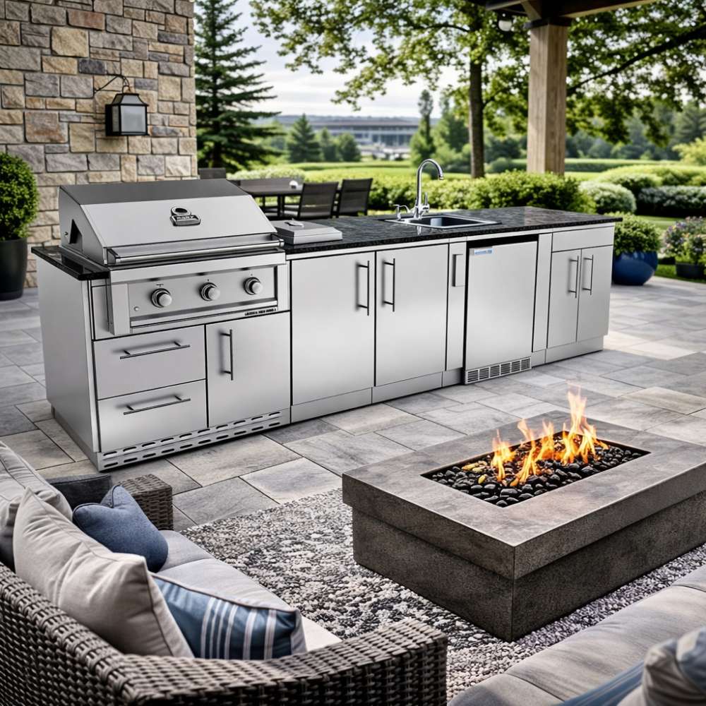 Sunstone Bayou 8ft 6in Outdoor Kitchen Island Package in a backyard with fire pit, grill, sink, and storage