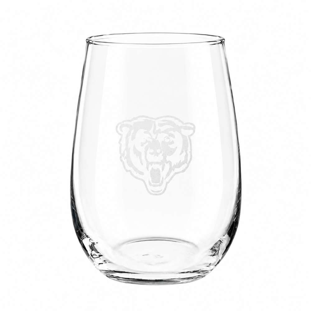 Chicago Bears Crate & Barrel NFL Aspen 17oz Stemless Wine Glass, Set of 4 features a clear stemless glass etched with the Bears roaring bear-head logo