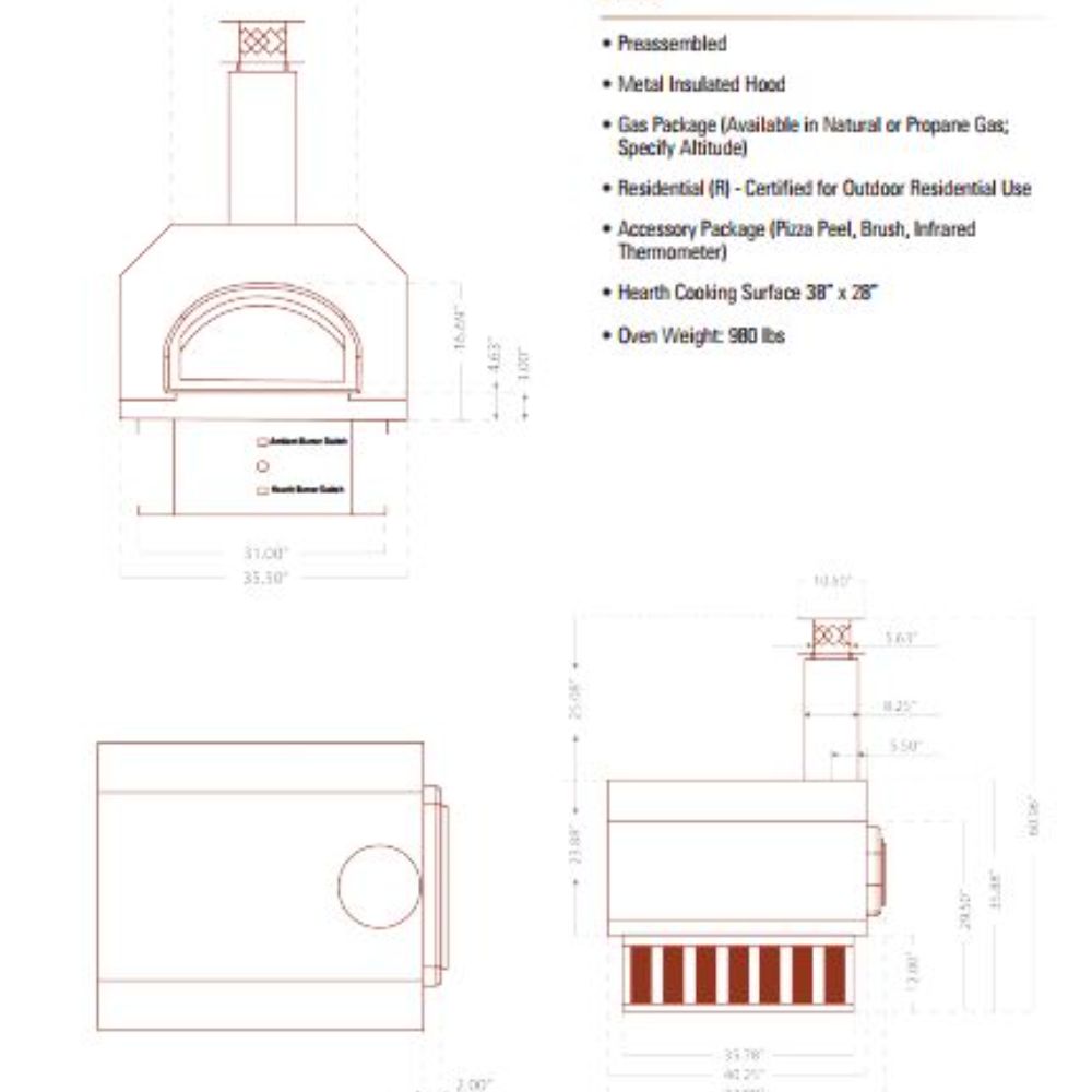 Chicago Brick Oven 750 Natural Gas Hybrid Countertop Wood Oven No Skirt w/ Dual Fuel Specifications