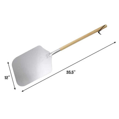 Chicago Brick Oven 12 x 14 Pizza Peel - Pizza Paddle is shown with dimensions, featuring a 35.5-inch overall length and 12-inch wide paddle