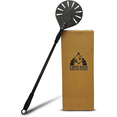 Chicago Brick Oven 7 Diameter Turning Perforated Pizza Peel placed beside its branded packaging