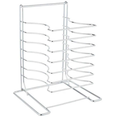 Chicago Brick Oven 7 Slot Wall Mounted Pizza Pan Rack, displaying its clean, minimalistic wireframe design with seven angled slots