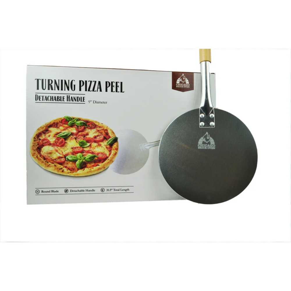 Chicago Brick Oven Aluminum Pizza Peel - Turning Pizza Paddle is shown in its packaging, with a 9-inch round blade displayed on the box