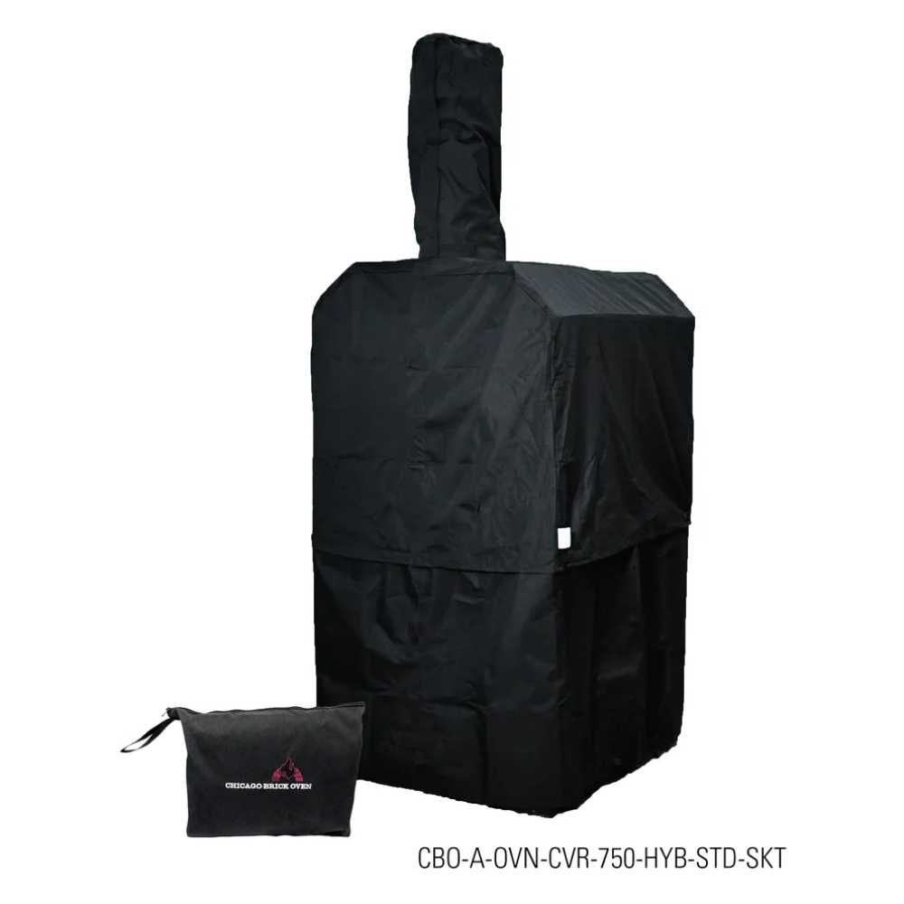 Chicago Brick Oven Heavy-Duty Outdoor Cover for CBO Hybrid Ovens fully secured over the oven with its chimney cover, along with a branded storage pouch placed beside it