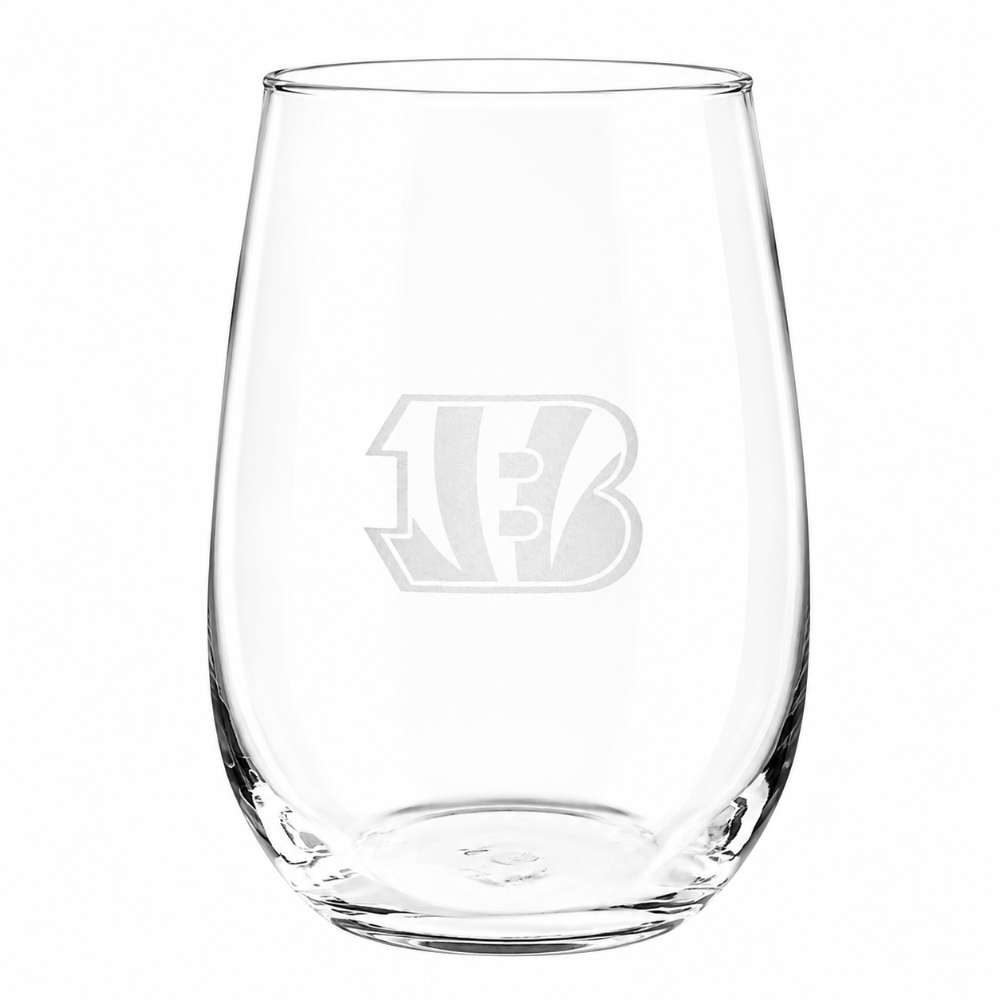 Cincinnati Bengals Crate & Barrel NFL Aspen 17oz Stemless Wine Glass, Set of 4 features a clear stemless glass etched with the Bengals striped "B" logo