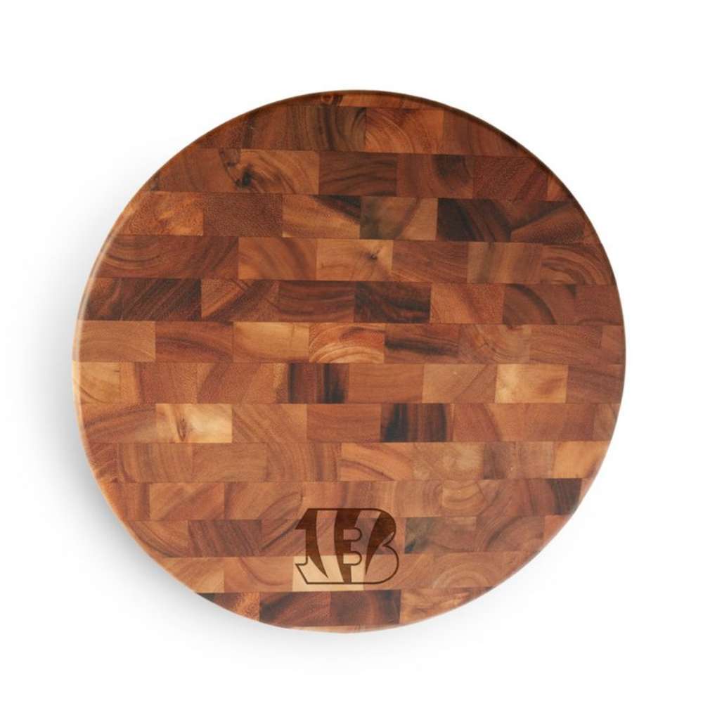Cincinnati Bengals Crate & Barrel NFL Round End Grain Cutting Board features a round wood-block design with the Bengals logo near the bottom