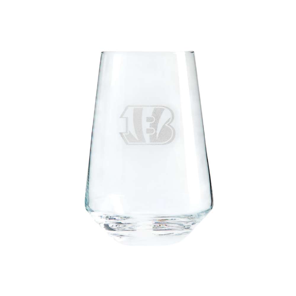 Cincinnati Bengals Crate & Barrel NFL Tour 19oz Stemless Wine Glass, Set of 4 featuring the Bengals striped "B" logo etched on clear glass