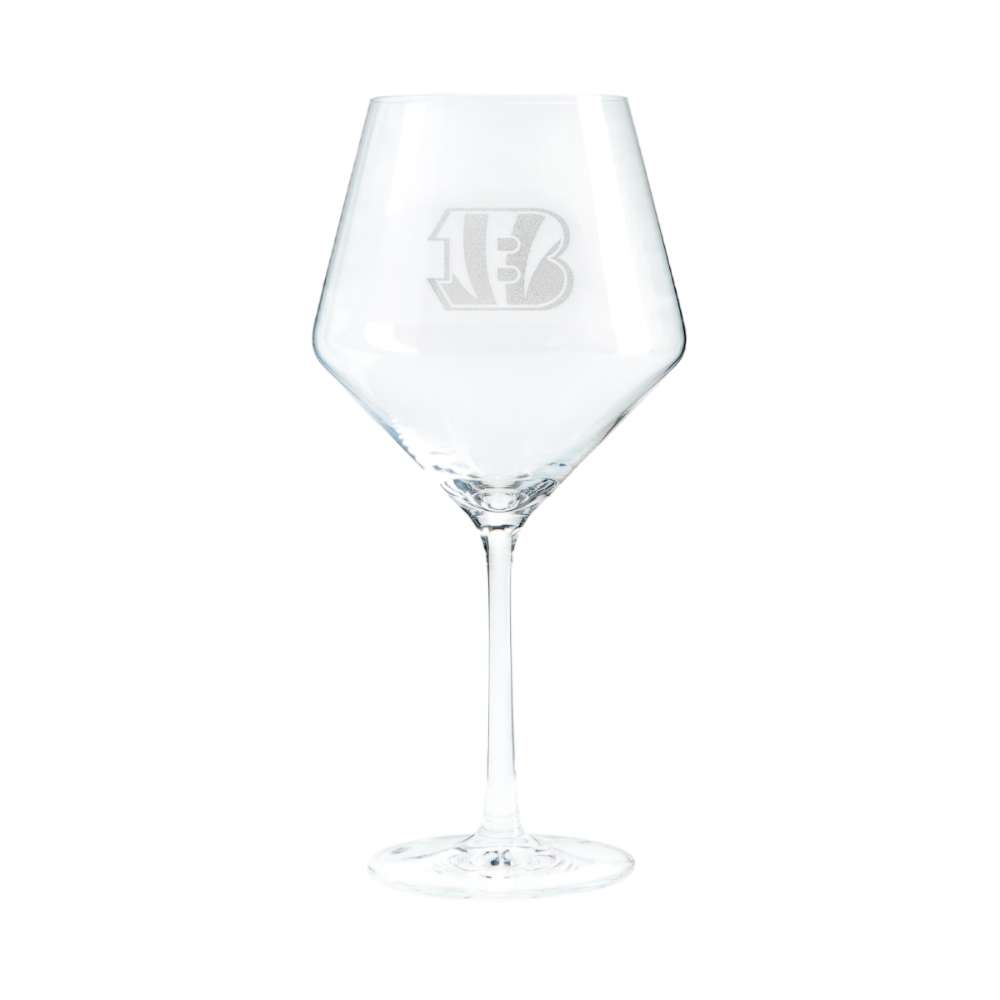 Cincinnati Bengals Crate & Barrel NFL Tour 24oz Red Wine Glass, Set of 4 featuring the Bengals striped “B” logo etched on a clear stemmed wine glass