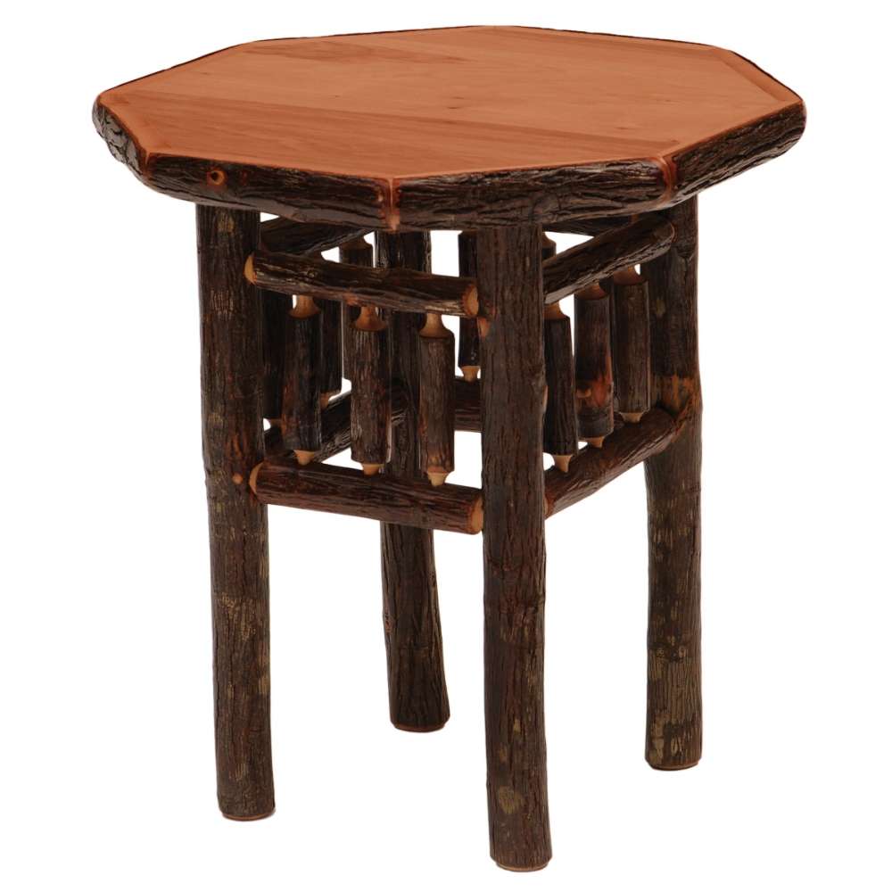 Cinnamon Fireside Lodge Hickory Log Octagon Nightstand is a rustic wooden nightstand with an octagon top, thick log legs, and a warm cinnamon-toned wood surface