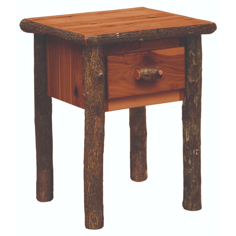 Cinnamon Fireside Lodge Hickory Log One Drawer Nightstand shown as a small rustic nightstand with log legs, a square top, and one drawer