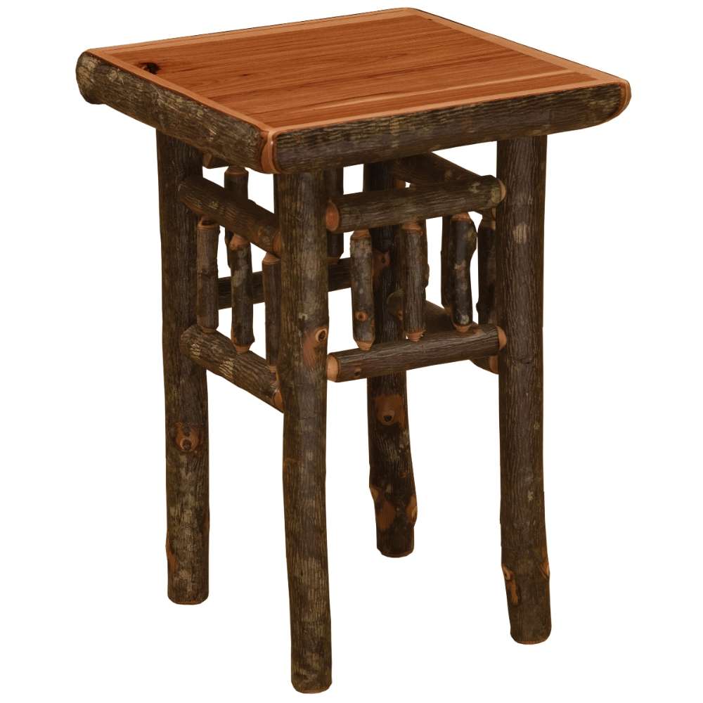 Cinnamon Fireside Lodge Hickory Log Open Nightstand is a rustic square nightstand with a warm-toned wood top and thick log legs
