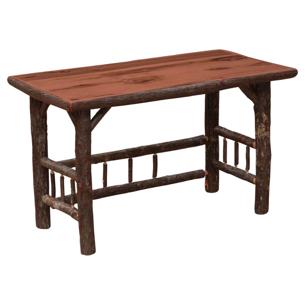 Cinnamon Fireside Lodge Hickory Log Open Writing Desk shown in a close-up of cinnamon hickory wood grain with warm reddish-brown tones