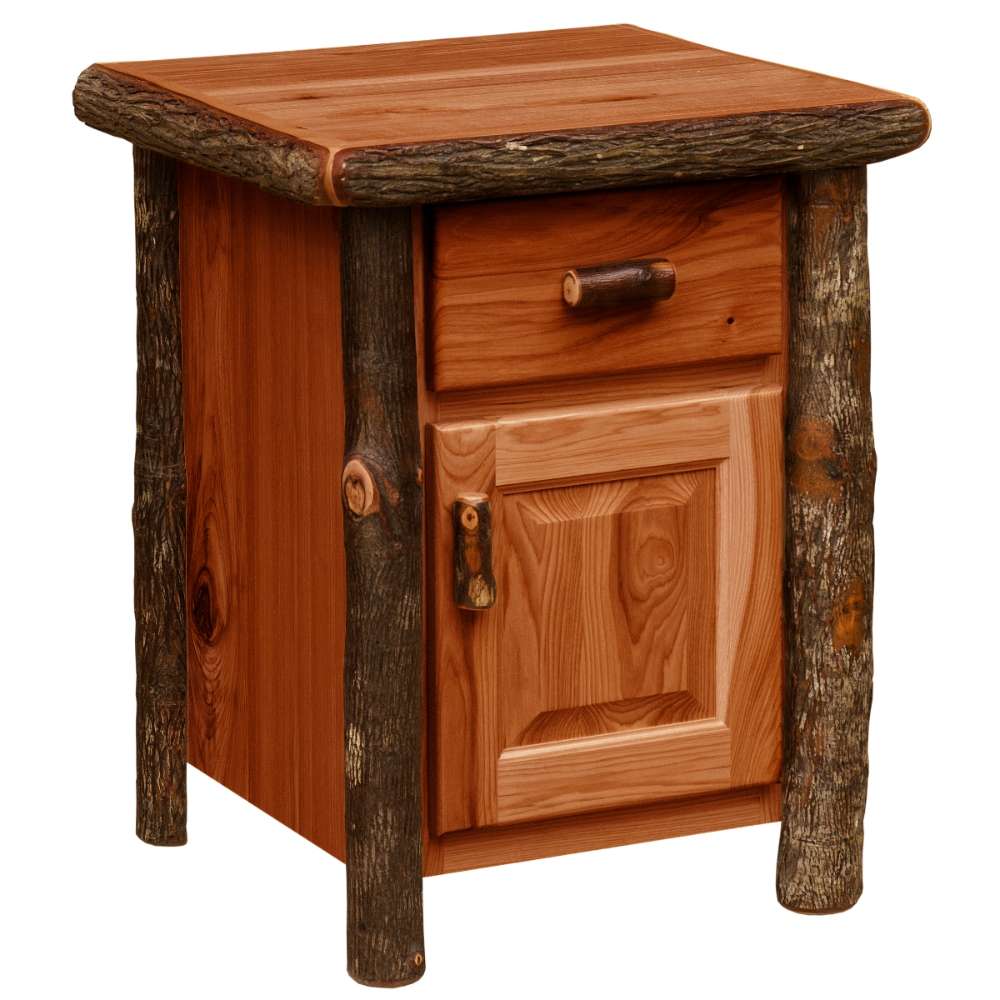 Cinnamon Fireside Lodge Log Enclosed Nightstand with a bark-edged top, log legs, one drawer, and a cabinet door