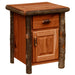 Cinnamon Fireside Lodge Log Enclosed Nightstand with a bark-edged top, log legs, one drawer, and a cabinet door