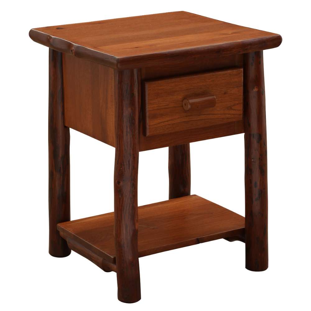 Cinnamon Fireside Lodge Log One Drawer Nightstand with Shelf is a rustic wooden nightstand with log legs, a flat top, one drawer, and an open shelf