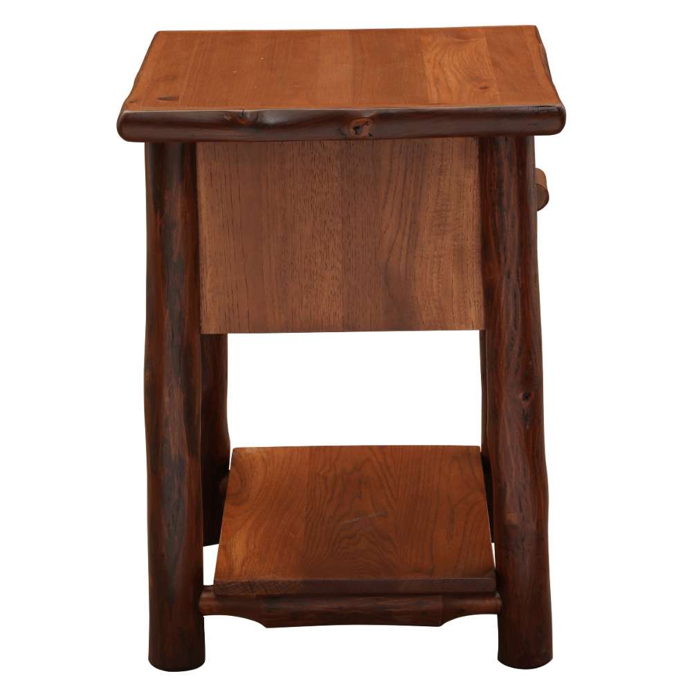Cinnamon Fireside Lodge Log One Drawer Nightstand with Shelf is shown from the back with a solid wood panel and bottom shelf