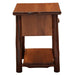 Cinnamon Fireside Lodge Log One Drawer Nightstand with Shelf is shown from the back with a solid wood panel and bottom shelf