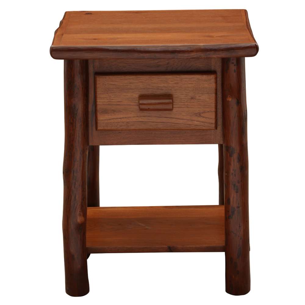 Cinnamon Fireside Lodge Log One Drawer Nightstand with Shelf is shown from the front with a centered wooden pull, log legs, and a lower shelf