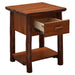 Cinnamon Fireside Lodge Log One Drawer Nightstand with Shelf is shown with its single drawer open, revealing a light wood interior
