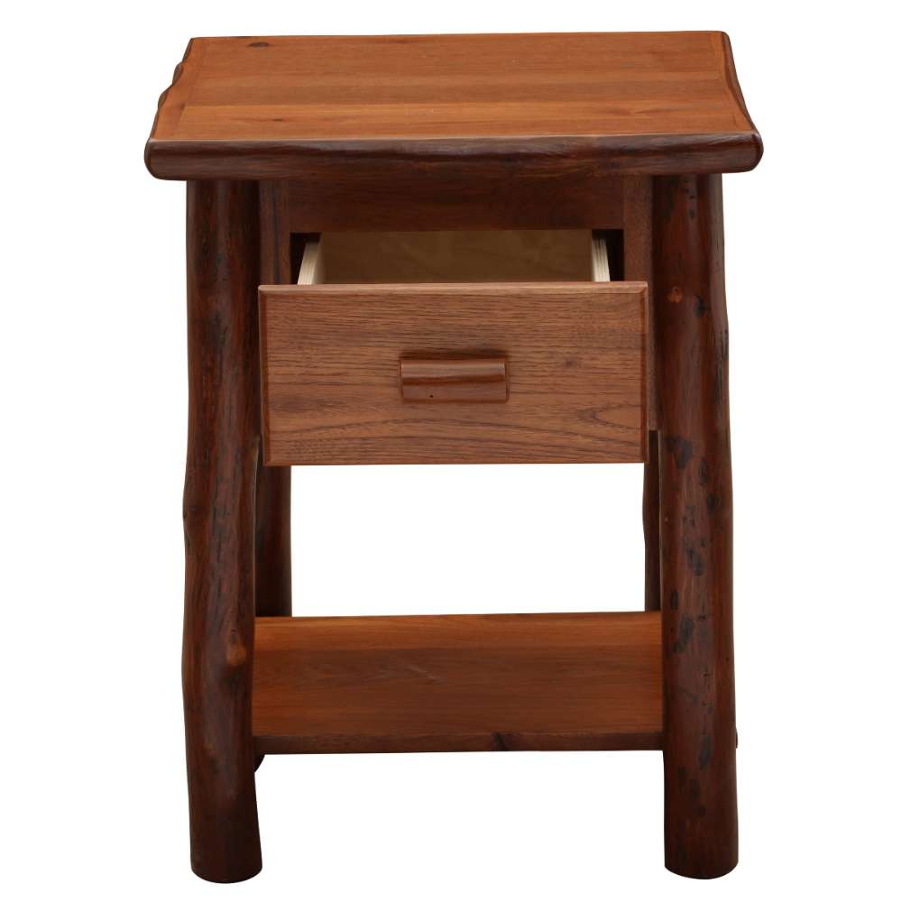 Cinnamon Fireside Lodge Log One Drawer Nightstand with Shelf is shown with the drawer partially open, highlighting the solid wood construction