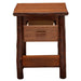 Cinnamon Fireside Lodge Log One Drawer Nightstand with Shelf is shown with the drawer partially open, highlighting the solid wood construction