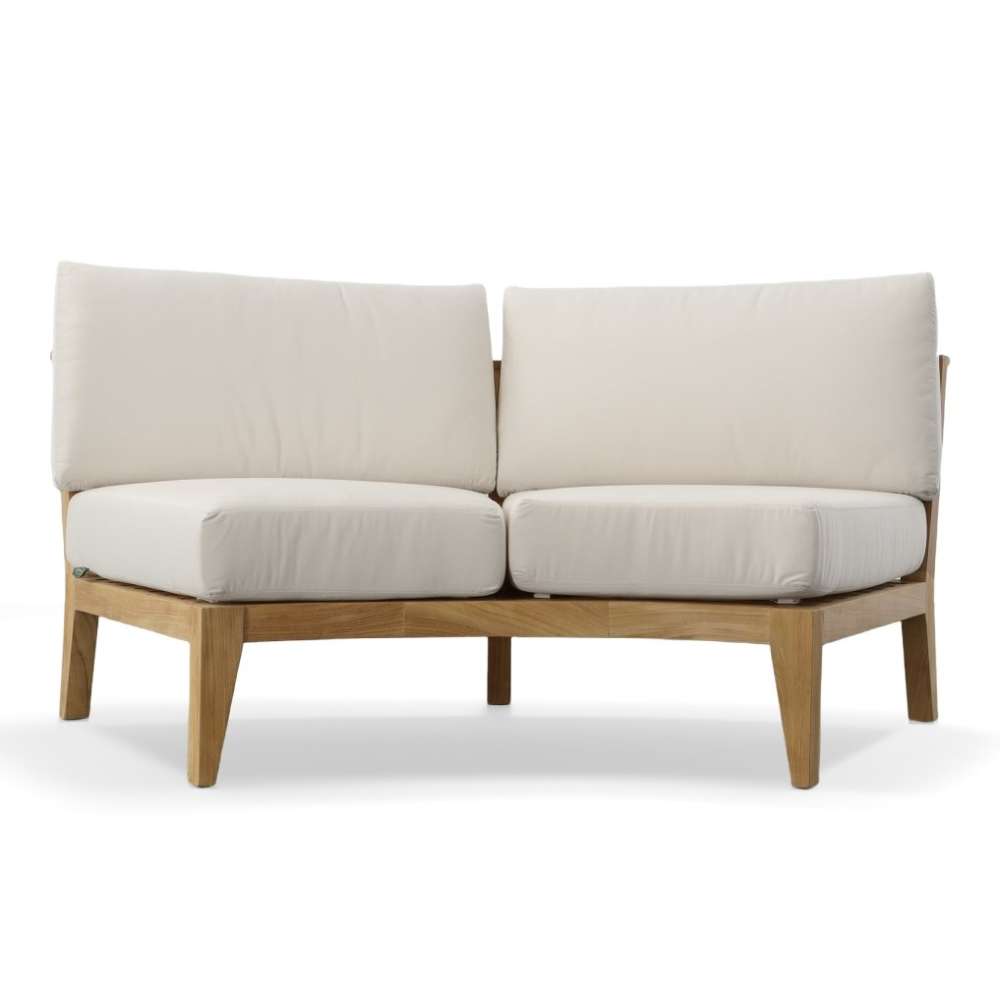 Clean front view of Westminster Teak Kafelonia Sofa Sectional shows plush off-white cushions resting on a warm teak wood base against a white background