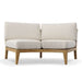 Clean front view of Westminster Teak Kafelonia Sofa Sectional shows plush off-white cushions resting on a warm teak wood base against a white background