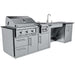 Clean product shot of Sunstone Summit 10ft Outdoor Kitchen Island Package with stainless steel grill, burner, sink, and drawers