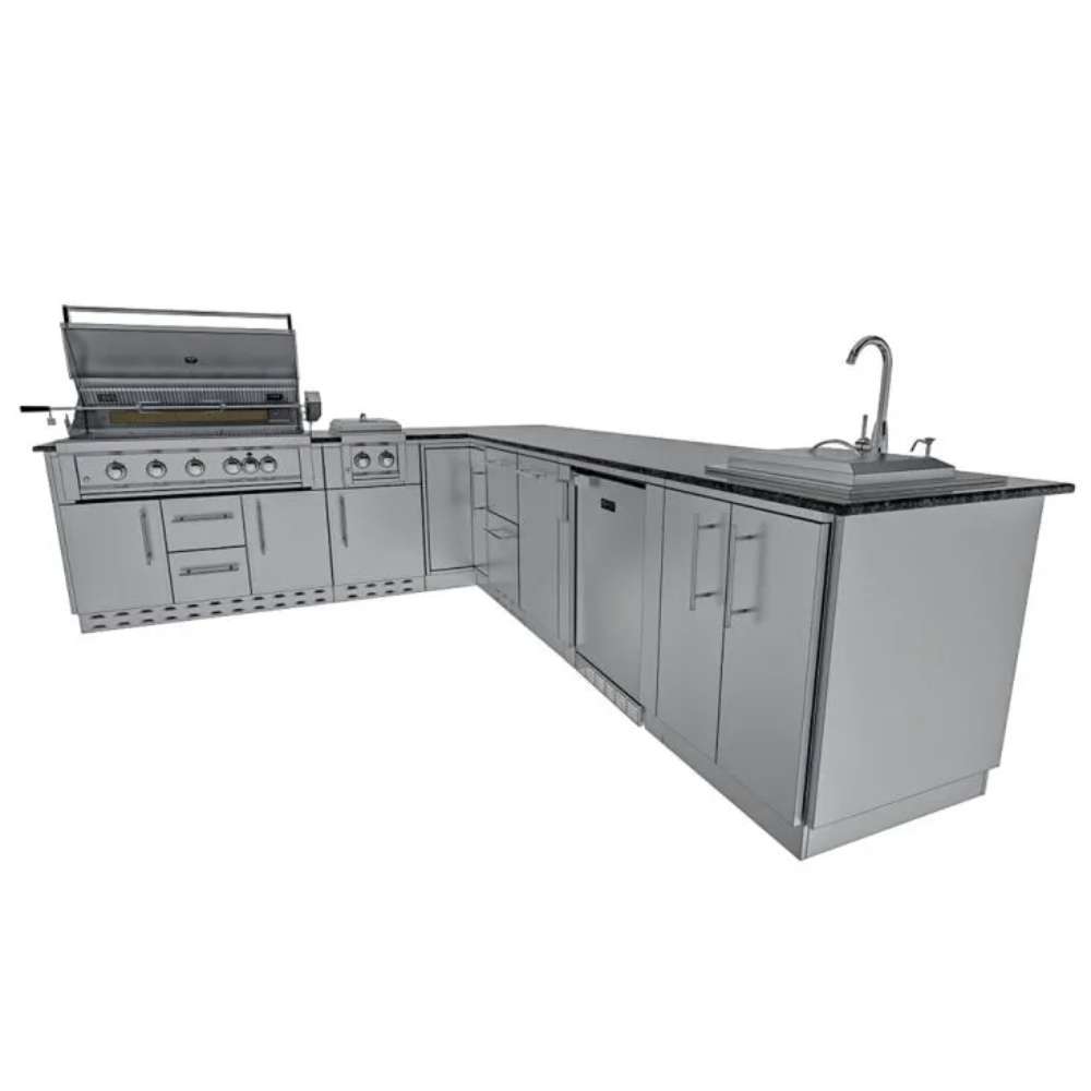 Clean product view of Sunstone Rancher L-Shaped 8′11″ × 11′ Outdoor Kitchen Package with grill and cabinets