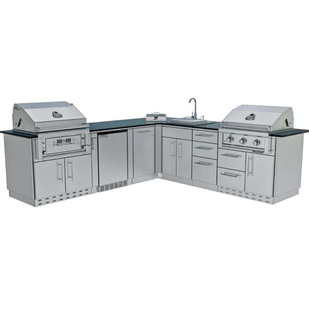 Clean rendering of a stainless steel outdoor kitchen featuring the Sunstone Texas Tango 19ft Outdoor Kitchen Island Package
