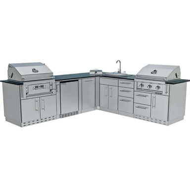 Clean rendering of a stainless steel outdoor kitchen featuring the Sunstone Texas Tango 19ft Outdoor Kitchen Island Package