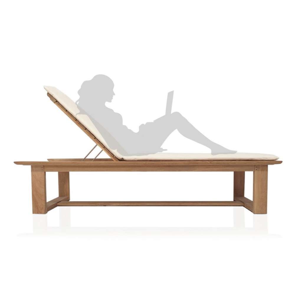 Clean side profile of Westminster Teak Horizon High-Chaise Lounge Bench highlights its long, sturdy teak frame without the backrest raised