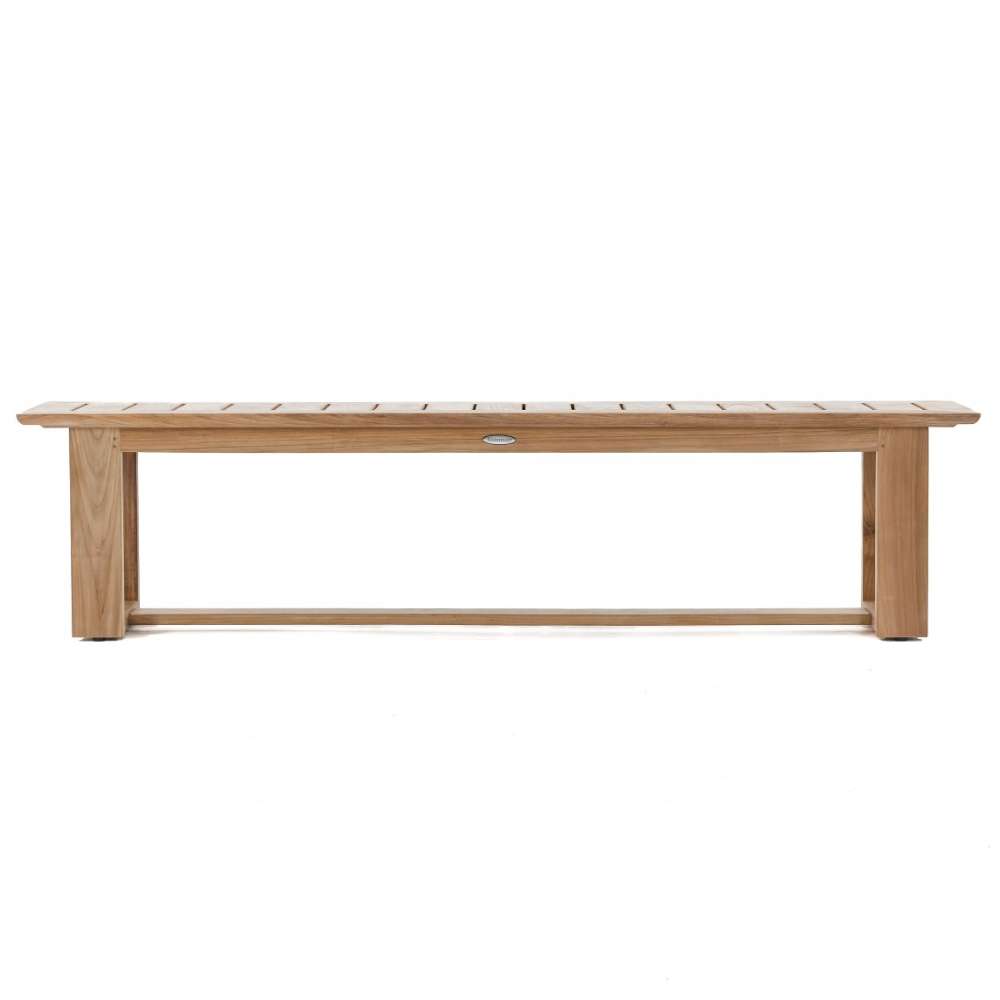 Clean side view of Westminster Teak 6ft Horizon Teak Backless Bench shows its long slatted seat and sturdy rectangular legs against a plain white background
