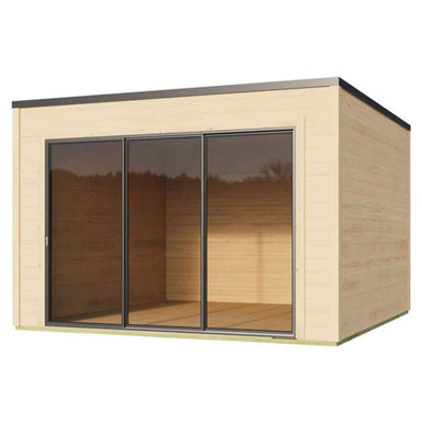 Clean front view of the GardenHouse24 USA Q Bic ALU 44A Garden Room shows three large tinted glass panels framed in black set in a light wood facade