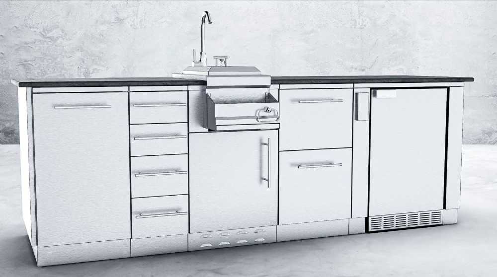 Clean rendering of the Sunstone Savanna 8.5ft Wet Bar Outdoor Island Package set against a gray wall, showing every cabinet and fixture clearly