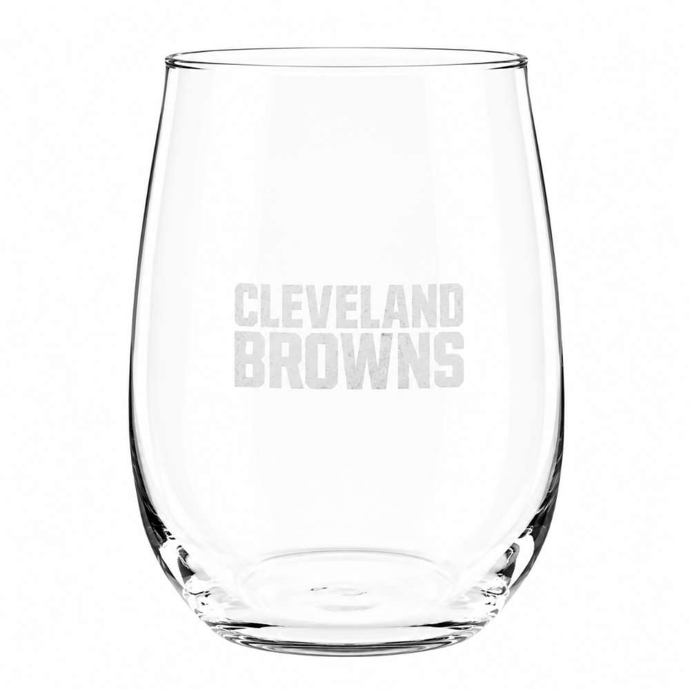 Cleveland Browns Crate & Barrel NFL Aspen 17oz Stemless Wine Glass, Set of 4 features a clear stemless glass etched with the Cleveland Browns name