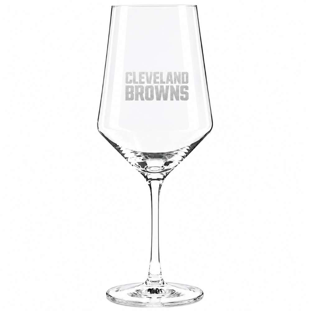Cleveland Browns Crate & Barrel NFL Tour 18oz Red Wine Glass, Set of 4 featuring the Cleveland Browns wordmark etched on a clear stemmed wine glass