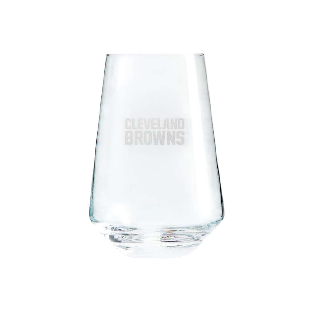 Cleveland Browns Crate & Barrel NFL Tour 19oz Stemless Wine Glass, Set of 4 featuring the Cleveland Browns wordmark etched on clear glass