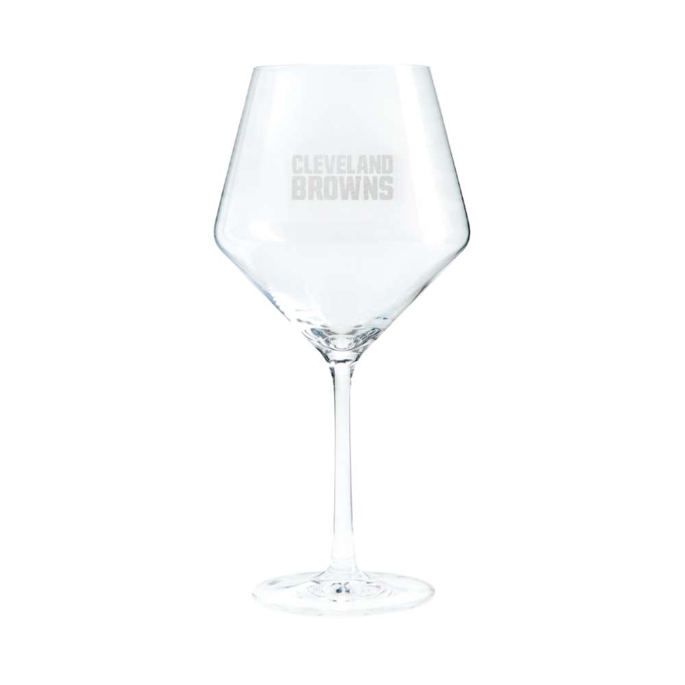 Cleveland Browns Crate & Barrel NFL Tour 24oz Red Wine Glass, Set of 4 featuring the Cleveland Browns team name etched on a clear stemmed wine glass