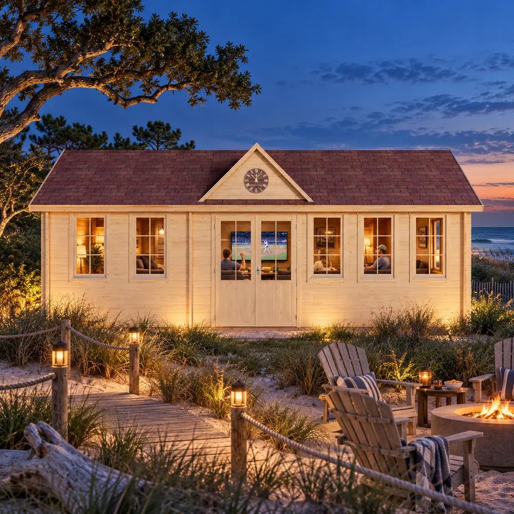 Straight-on nighttime view of the illuminated Clockhouse Bristol 44mm Freedom House on North Carolina’s Outer Banks, framed by coastal dunes, sea oats and wind-shaped live oaks, with adults watching a ballgame inside the warmly lit sports room.