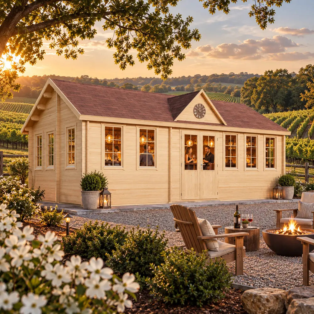Angled view of the Clockhouse Bristol 44mm Freedom House at golden hour in North Carolina’s Yadkin Valley, surrounded by vineyards, mature oaks and flowering dogwoods, with adults socializing inside an upscale bar.