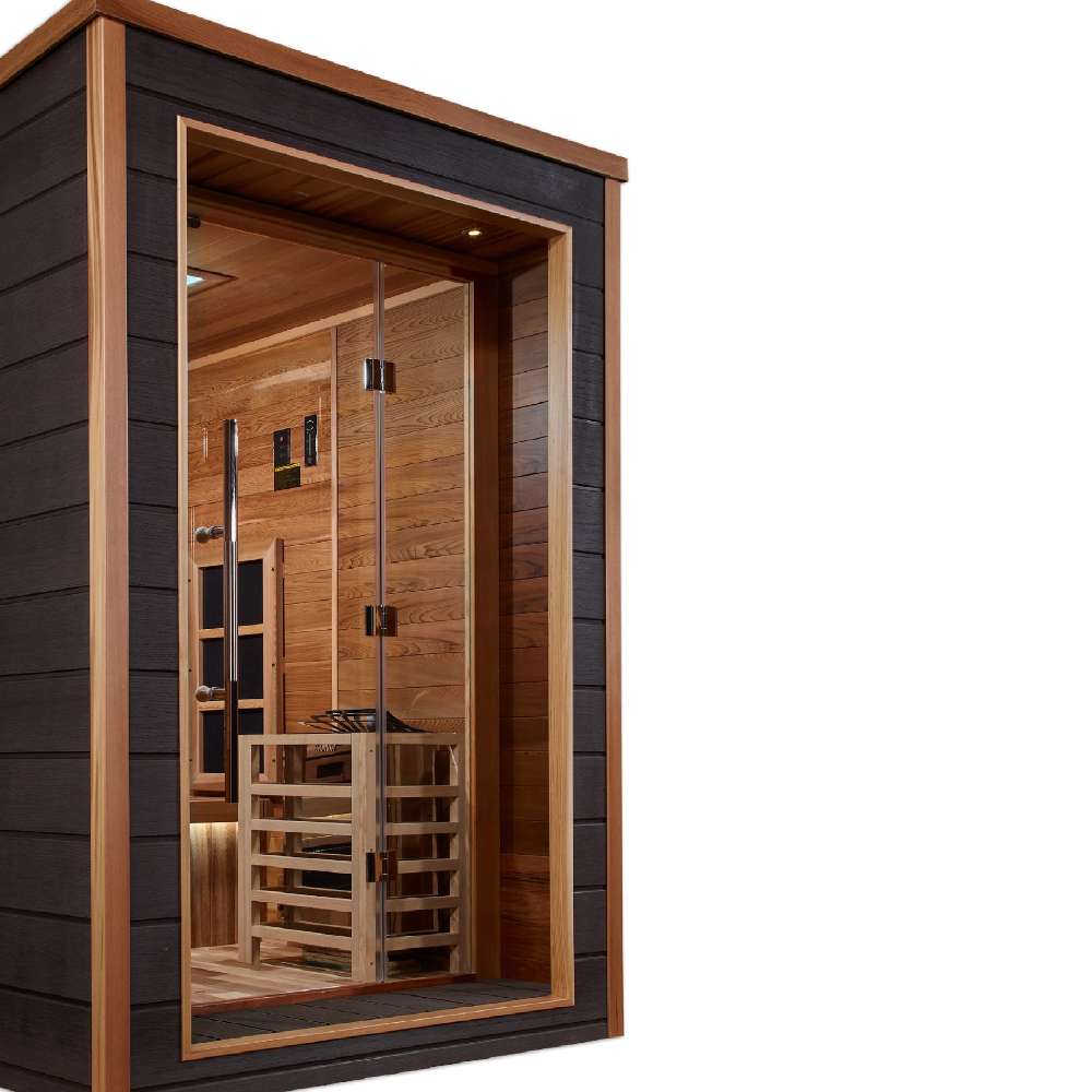 Close angle of Golden Designs Karlstad 6 Person Outdoor-Indoor PureTech Hybrid Full Spectrum Sauna showing the glass corner, cedar interior and the guarded stove inside